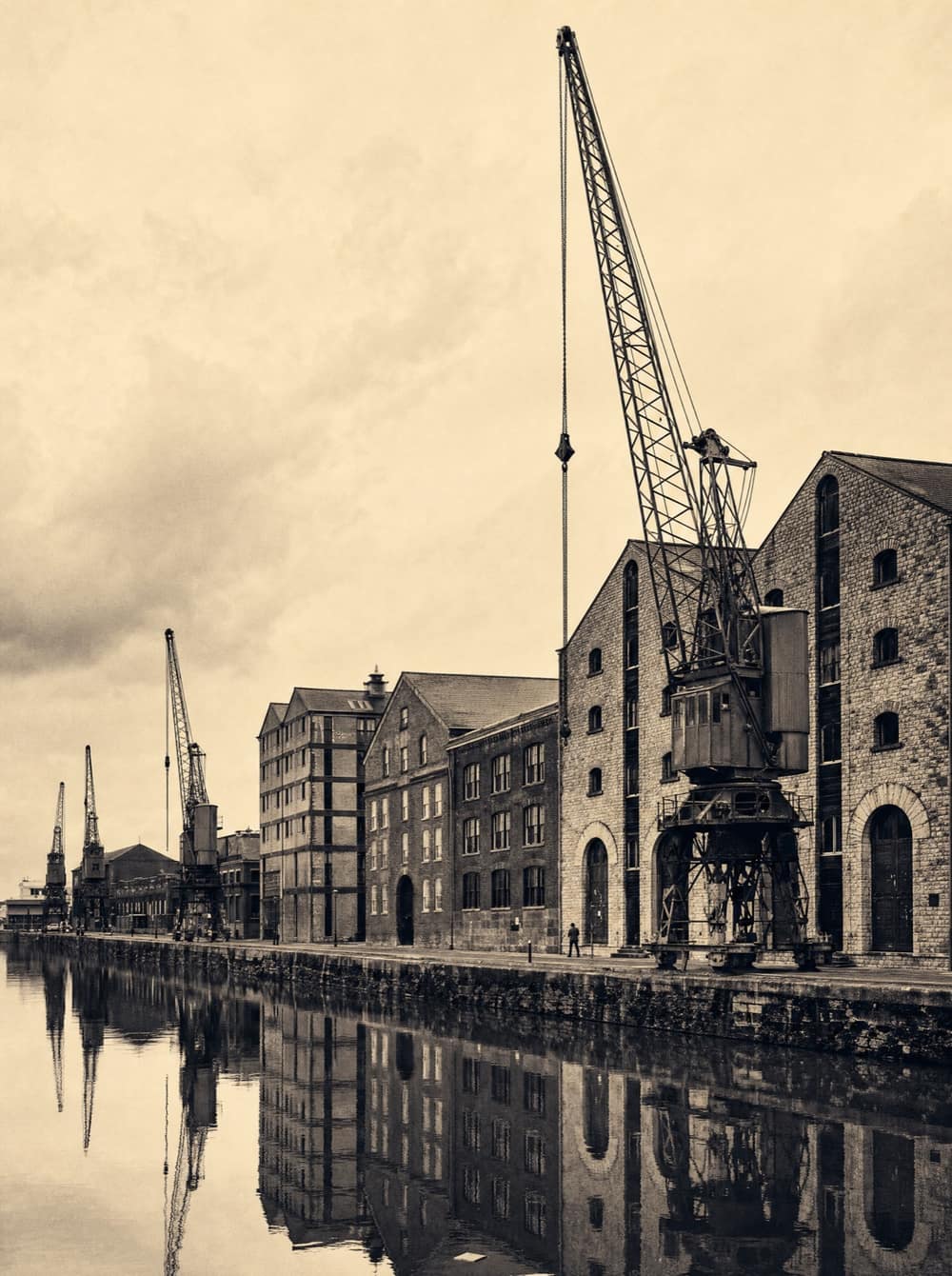 Bristol's Floating Harbour — historic dockside cranes and Victorian quayside warehouses